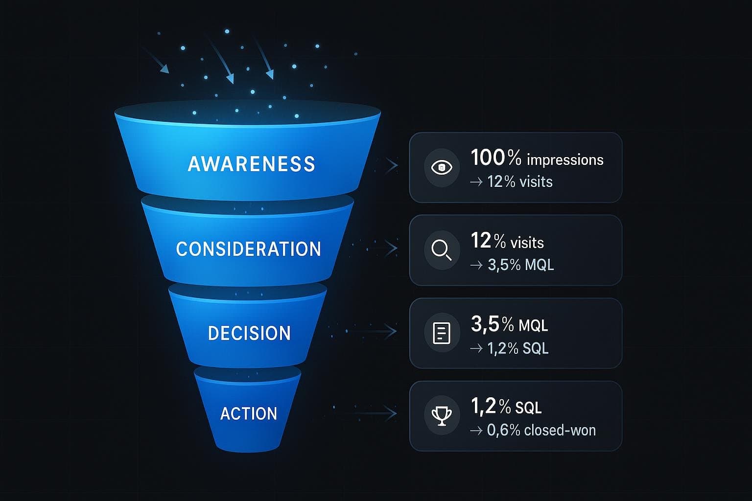 B2B lead generation funnel with stages and conversion metrics
